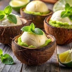 coconut shell filled with lime smoothie