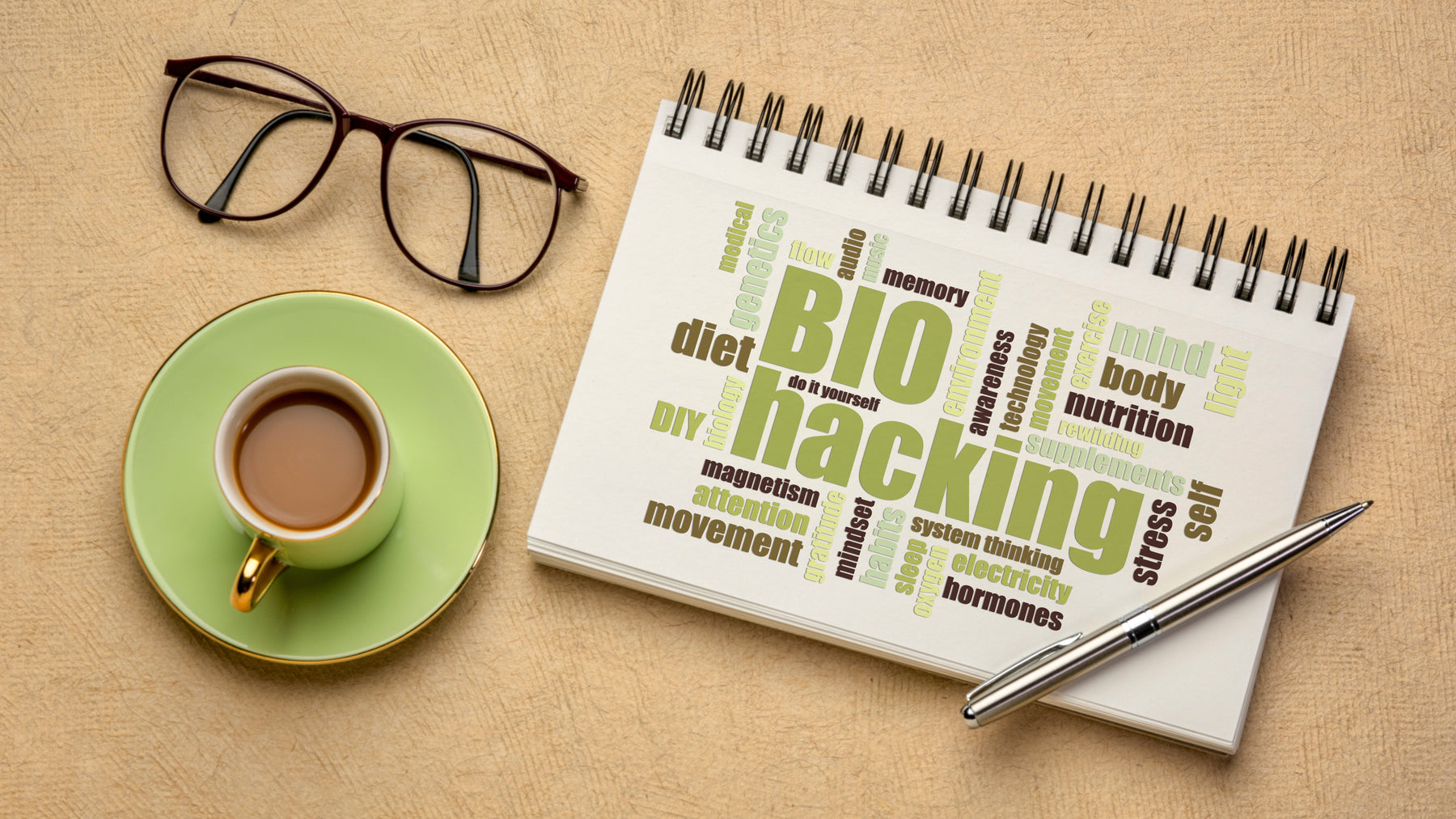 Biohacking diary, glasses and coffee cup on desk