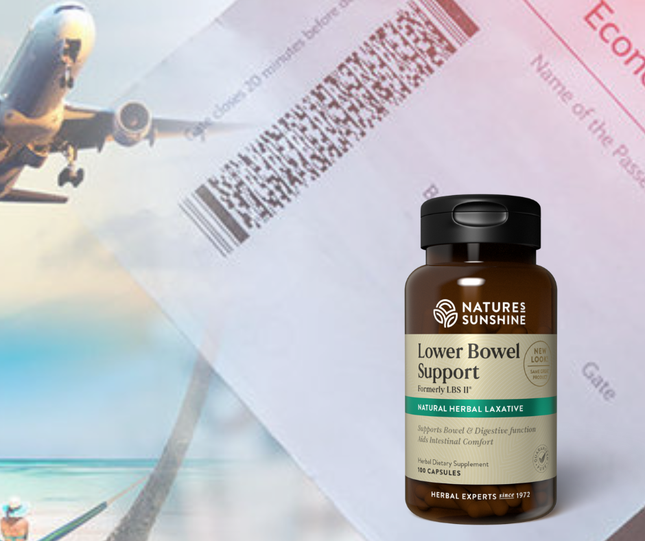 Natures Sunshine Lower Bowel Support with travel documents