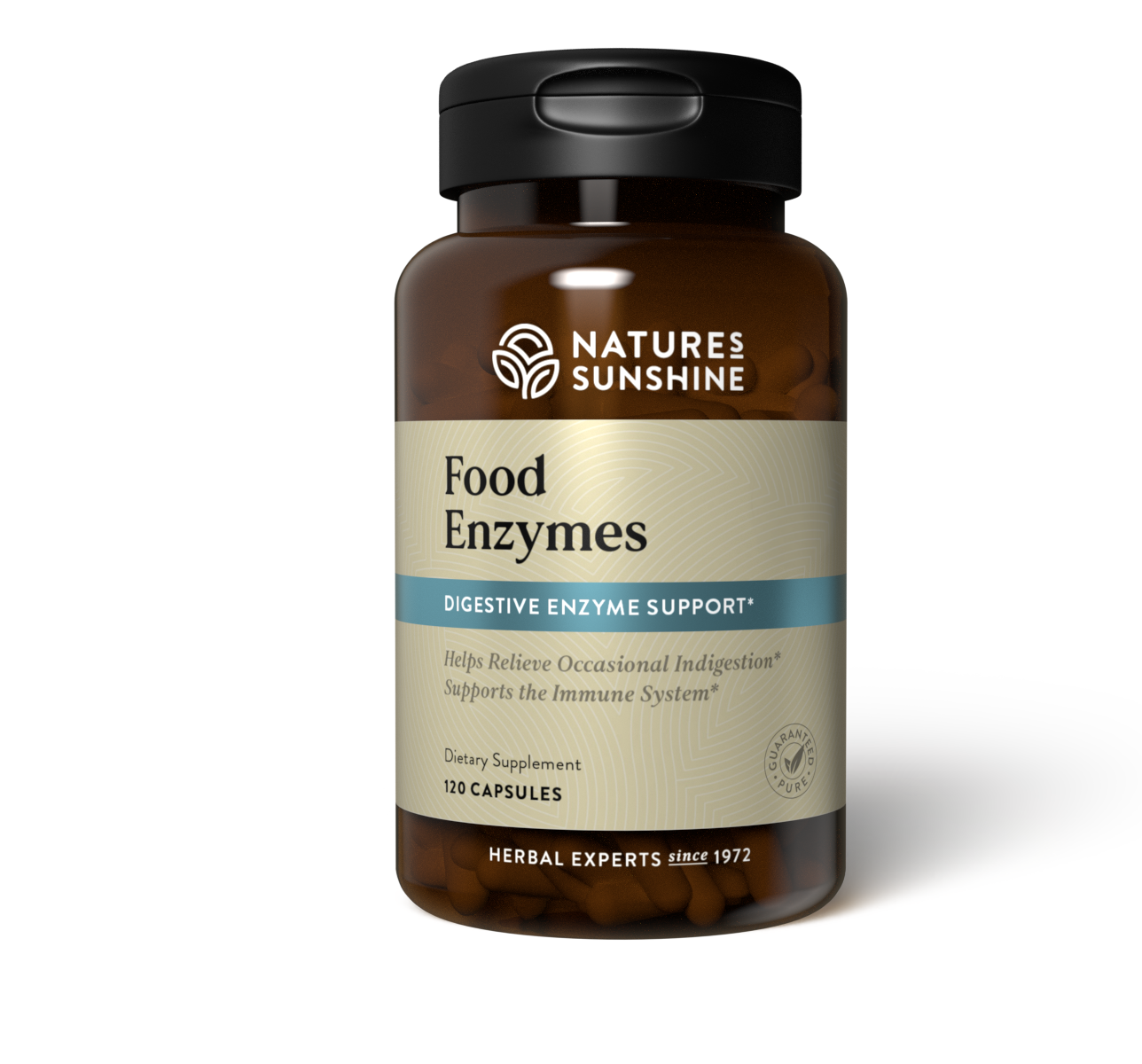 A bottle of Nature's Sunshine Food Enzymes dietary supplement with 180 capsules.