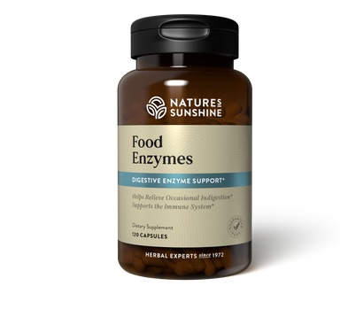 A bottle of Nature's Sunshine Food Enzymes dietary supplement with 180 capsules.