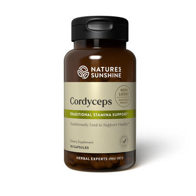 A bottle of Nature's Sunshine Cordyceps dietary supplement with 90 capsules, labeled as Traditional Stamina Support.