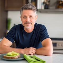 Healthy man at kitchen bench eating breakfast