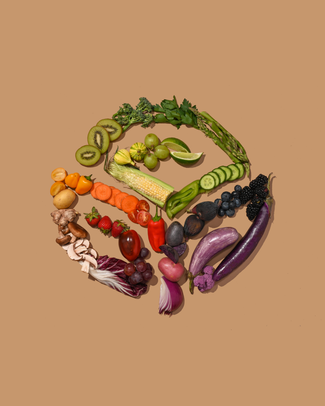 Veges and fruit in shape of natures sunshine logo