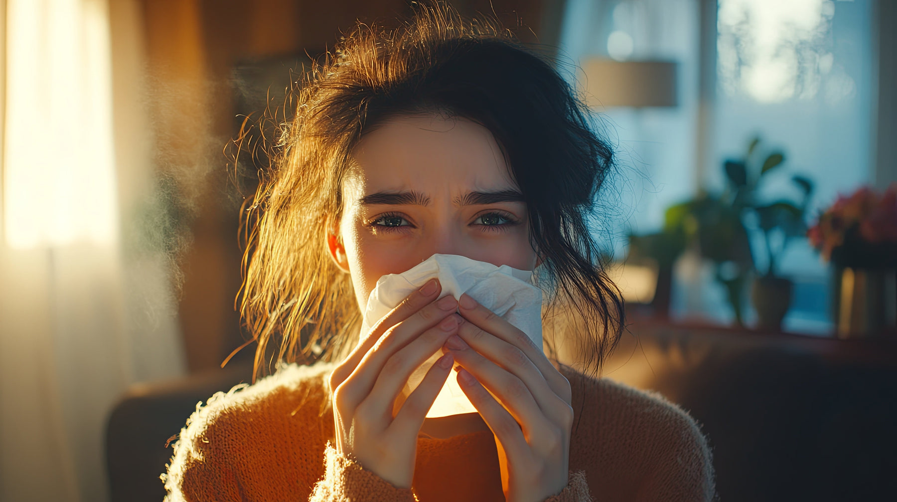 woman with a runny nose holding a tissue
