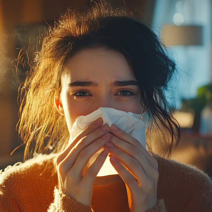 woman with a runny nose holding a tissue