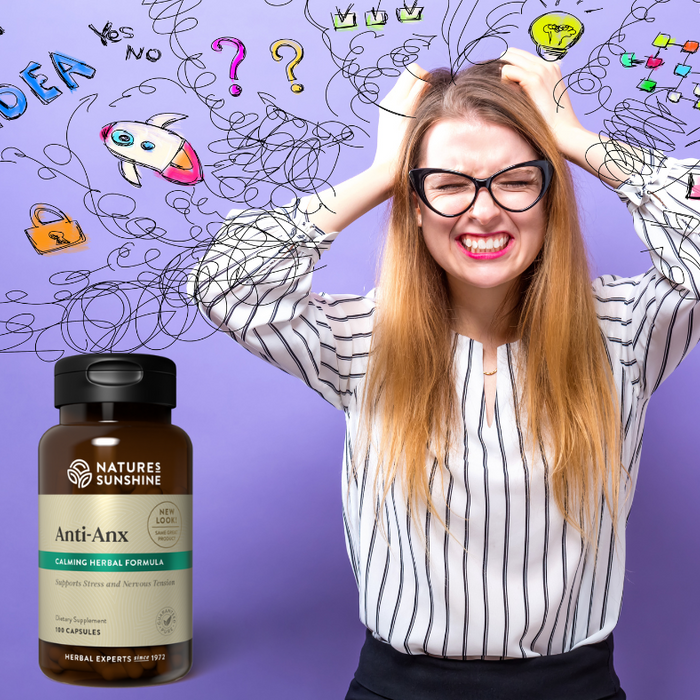 Women looking stressed next to Bottle of Anti-Anx