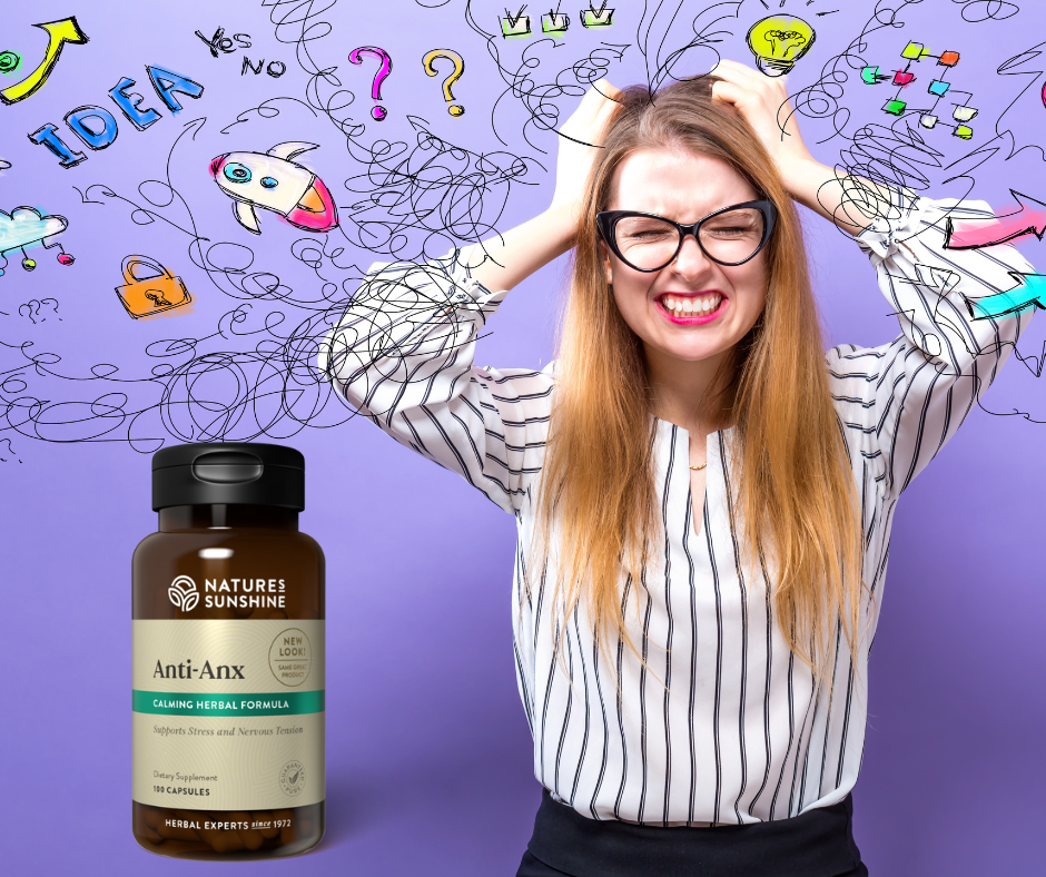 Women looking stressed next to Bottle of Anti-Anx