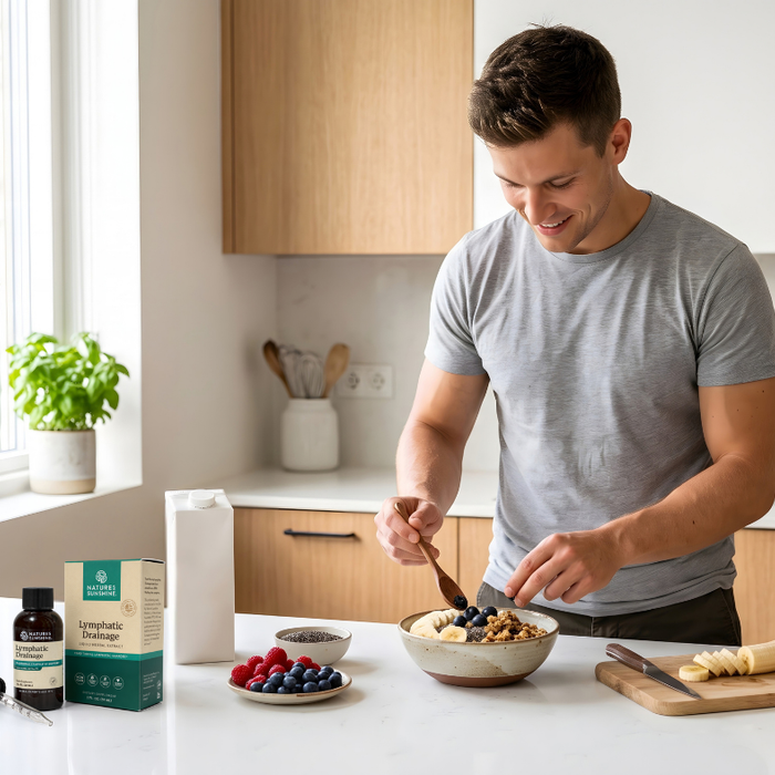 Healthy male in kitchen making breakfast with Lymphatic Drainage on bench next to ingredients