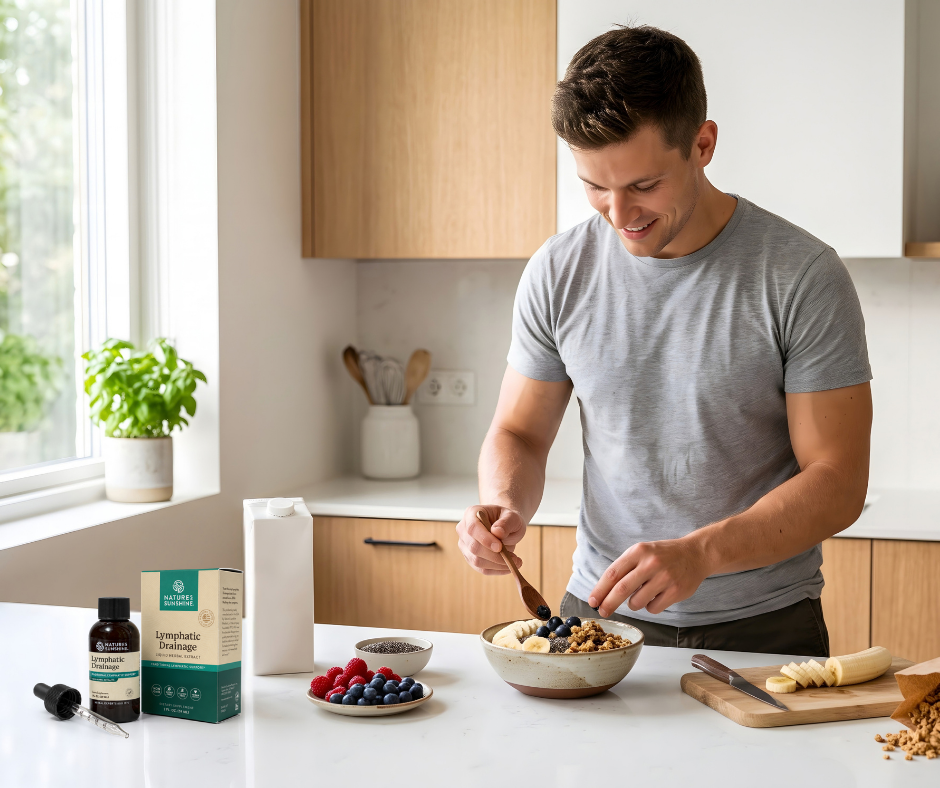 Healthy male in kitchen making breakfast with Lymphatic Drainage on bench next to ingredients