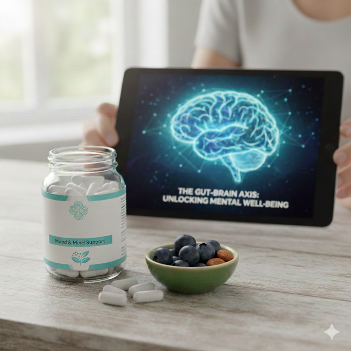 Bottle of probiotics on table next to tablet showing the mind gut connection