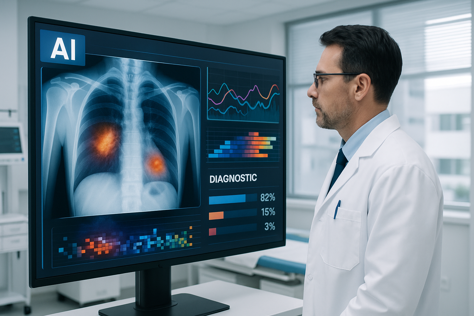 doctor looking at an xray image on a big screen at a hospital