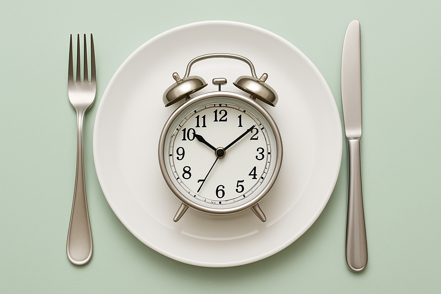 knife, fork and plate on table with clock in centre to represent intermittent fasting