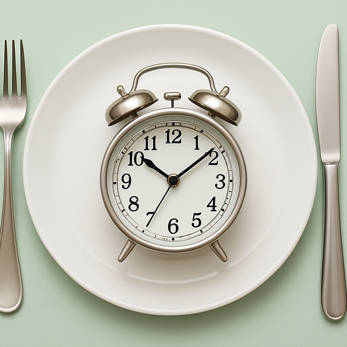 knife, fork and plate on table with clock in centre to represent intermittent fasting