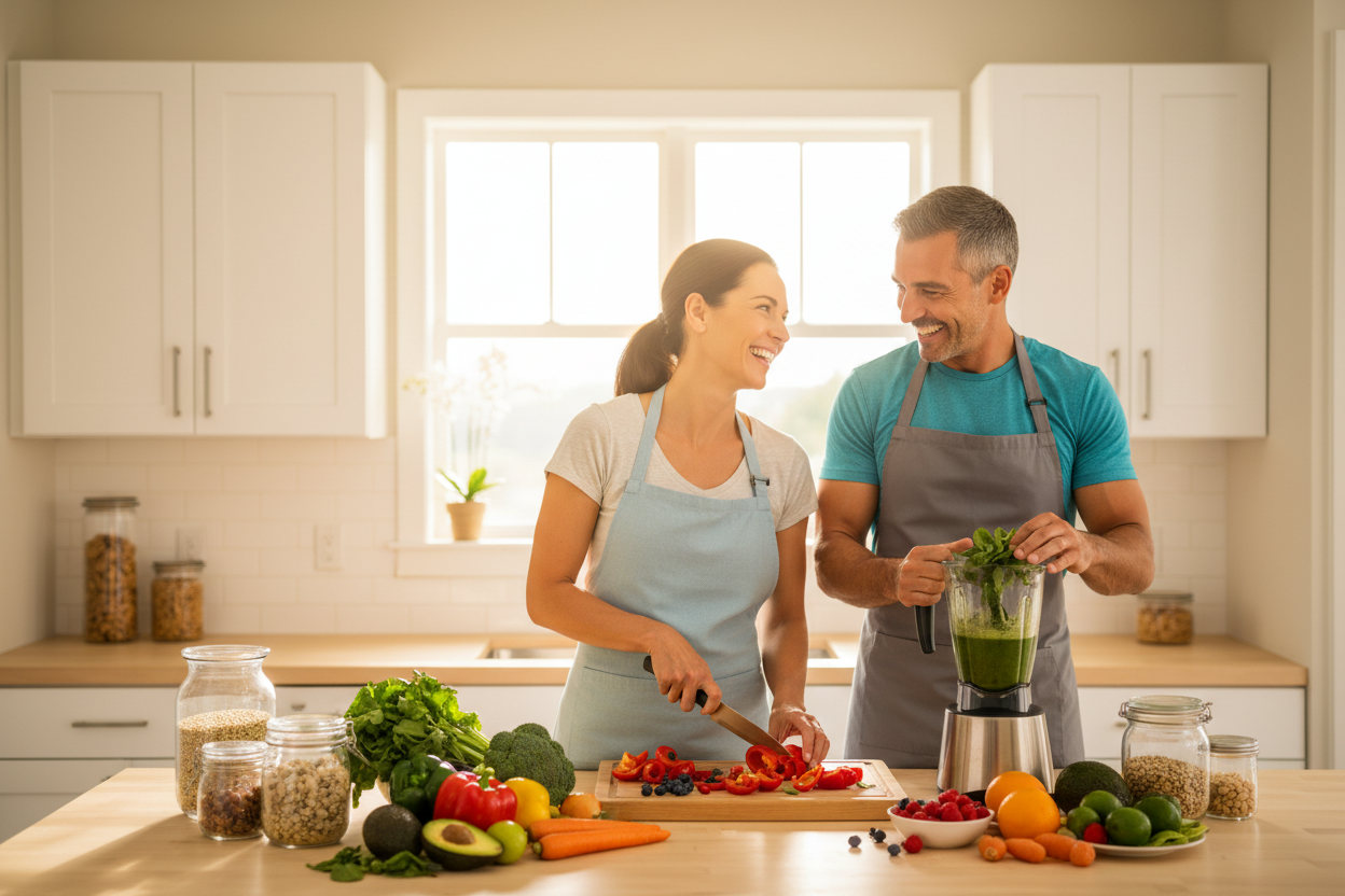 40yr old happy, healthy man and women in kitchen