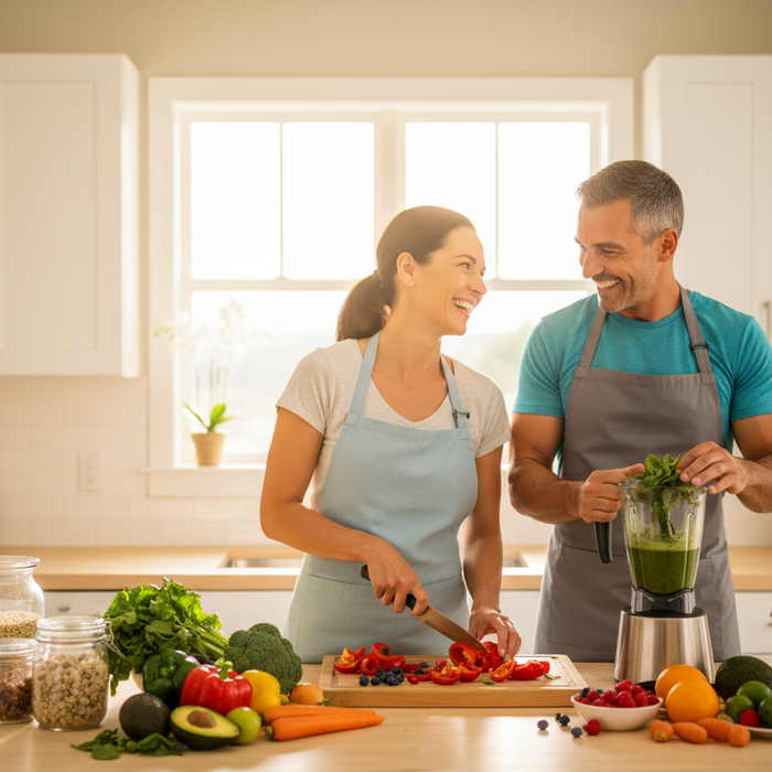 40yr old happy, healthy man and women in kitchen