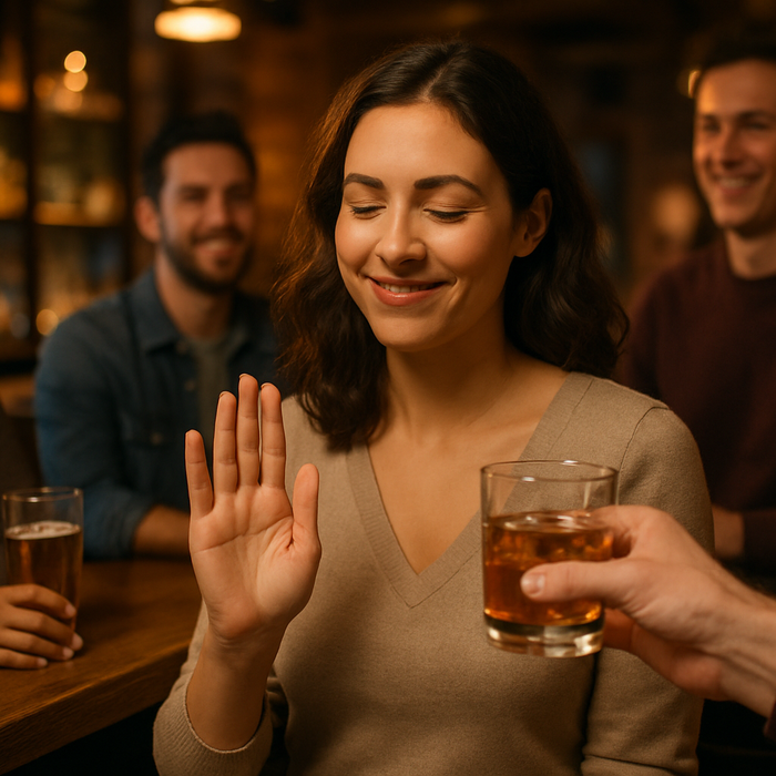 woman at bar with friends indicating she doesnt want a drink