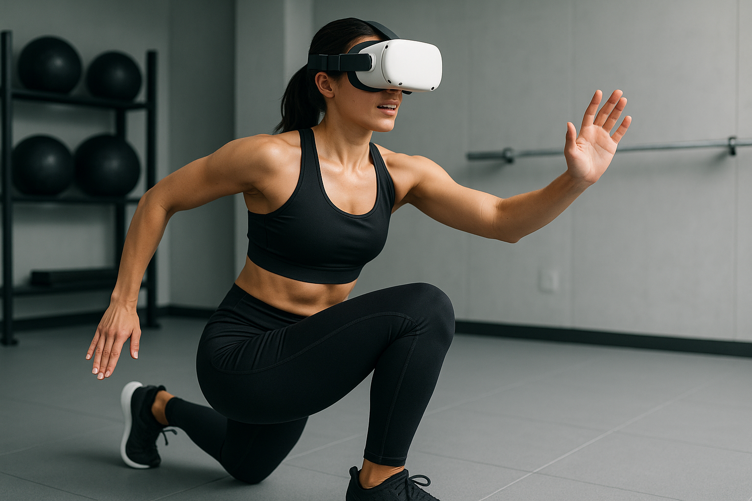 woman in gym doing workout with virtual reality googles on