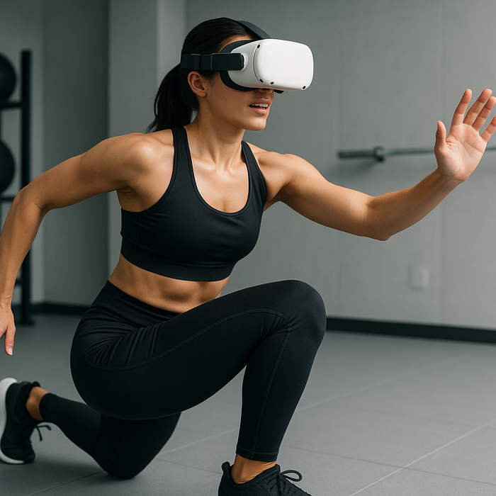 woman in gym doing workout with virtual reality googles on